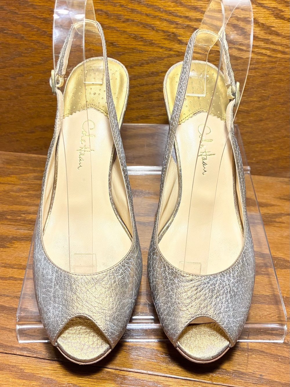 Y2K VTG Cole Haan Nike Air Gold Silver Crackled Leather Peep Toe Slingback Heels - Picture 4 of 14